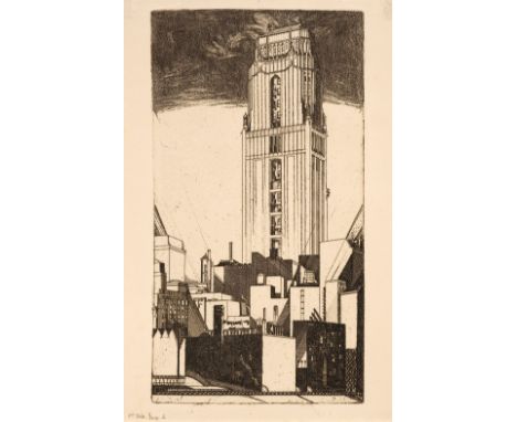 * Larkins (William Martin, 1901-1974). Bush House, New York, 1927, etching and engraving printed in bistre, on buff, fibrous 