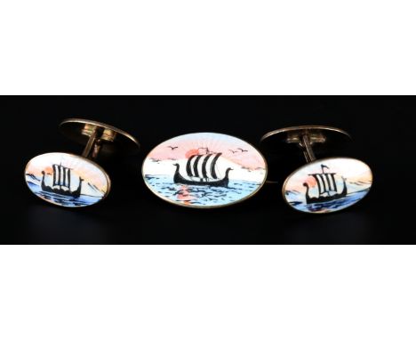 A PAIR OF NORWEGIAN SILVER AND ENAMEL CUFFLINKS by Norne, oval face illustrating polychrome guilloche scene of a long ship si