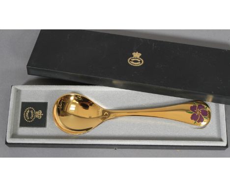 GEORG JENSEN, a .925 silver gilt year spoon for 1974 with corn cockle motif in aubergine and green enamel, 15cm long 