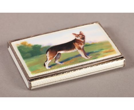 A CONTINENTAL SILVER AND ENAMEL BOX, the hinged lid decorated with an Alsatian dog in an extensive landscape, white enamel an