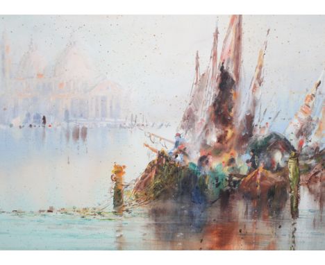 R WELLESLEY WEBSTER (Exh. 1887-1903) Venetian lagoon with moored fishing boats, watercolour, signed to lower left, 27cm x 45c