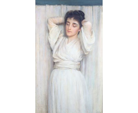 REGINALD BARBER (1851-1928) An Idle Mood, portrait of a young woman, three quarter length dark hair, wearing a white gown, st