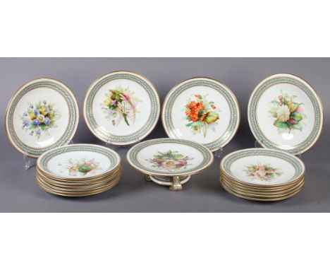 A ROYAL WORCESTER PART DESSERT SERVICE each piece hand painted with a botanical study of English flowers on a white ground wi