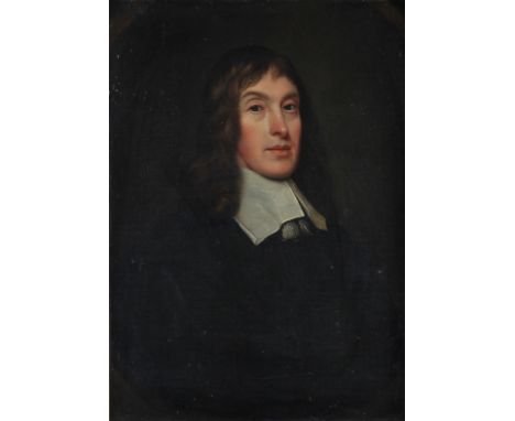 CIRCLE OF ADRIAEN HANNEMAN (1601-1671) Portrait of a young gentleman, in black and white collar, painted oval, oil on canvas,