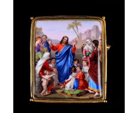 A 19TH CENTURY POLYCHROME ENAMEL BROOCH in 9ct gold, the biblical scene suffer the little children Matthew 19:13-15 collet se