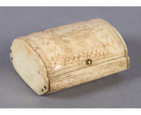 A LATE 18TH/EARLY 19TH CENTURY BONE MASONIC SNUFF BOX of domed trunk form, the hinged lid finely relief carved with sun, moon