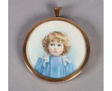 A FINE CIRCULAR PORTRAIT MINIATURE of a young child, head and shoulder wearing a lace trimmed blue smock, 5.25cm diameter, in