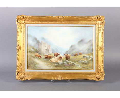 A PORCELAIN PLAQUE PAINTED BY MILWYN HOLLOWAY (ex Royal Worcester artist) of Highland cattle beside cattle ruins in a misty m