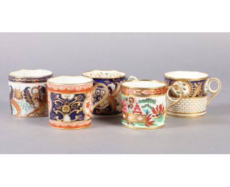 FIVE ENGLISH PORCELAIN COFFEE CANS 1800-1820 by Barr Flight Barr, Chamberlain's Worcester, Spode Dollar pattern, New Hall pat