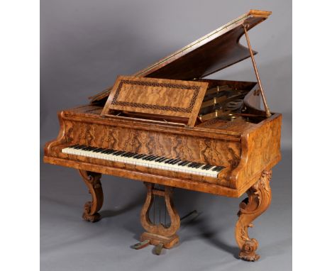 A COLLARD AND COLLARD CONCERT GRAND PIANO, the finely figured burr walnut veneered case on an oak frame with cedar sound boar