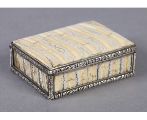 AN LATE 18TH/EARLY 19TH CENTURY FOSSILIZED MAMMOTH TOOTH, silver mounted snuff box of rectangular form, the panelled body wit