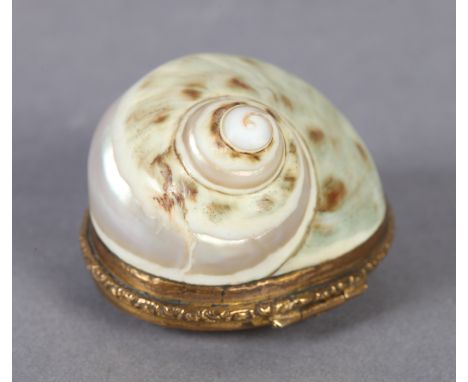 A LATE 19TH CENTURY GILT METAL MOUNTED SHELL SNUFF BOX, hinged lid with foliate cast border, 4cm high x 4.5cm wide 