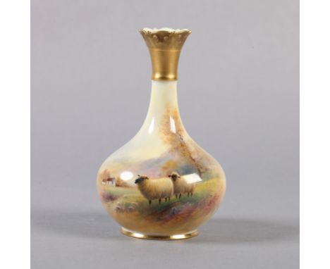 A ROYAL WORCESTER VASE by Harry Davis with sheep grazing in a meadow, the bottle shaped body with gilt leaf moulded neck shap