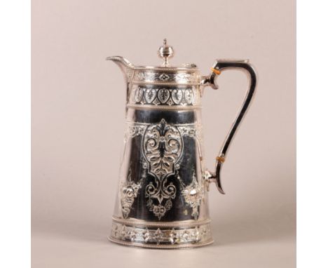 A VICTORIAN SILVER PLATED HOT WATER JUG by Martin Hall &amp; Co, the tapered cylindrical body embossed with fruit pendant fro