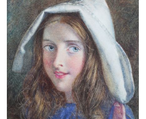 EARLY 20TH CENTURY ENGLISH SCHOOL, portrait of a young girl, head and shoulders, wearing a white bonnet and blue dress, water