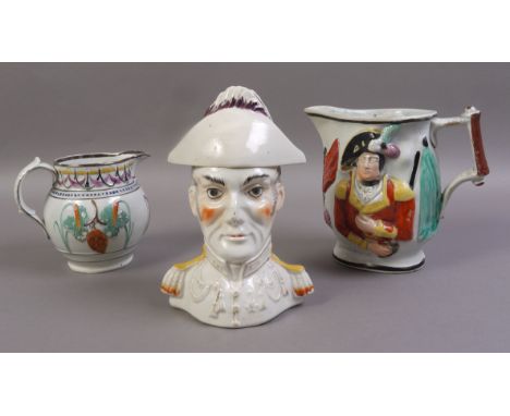 THREE STAFFORDSHIRE WELLINGTON COMMEMORATIVES, circa 1815-1835, the first a tobacco jar and cover modelled as Wellington's bu