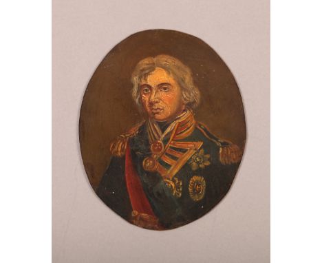 AN EARLY 19TH CENTURY PORTRAIT OF NELSON, head and shoulders, oval, oil on copper panel, unframed, 15.5cm x 11cm 
