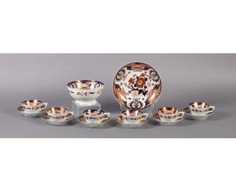 A SET OF SIX EARLY 19TH CENTURY DERBY PORCELAIN CUPS AND SAUCERS of Japan palette together with a circular dessert dish, 23cm