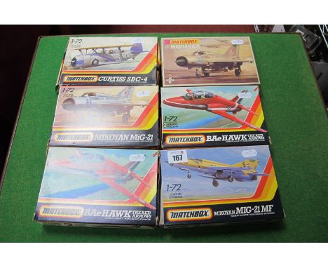 Six 1:72nd Scale Plastic Model Military Aircraft Kits, by Matchbox, including Mikoyan MIG-21 MF, kits appear unstarted, unche