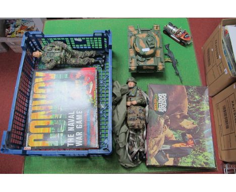 A Circa 1970's Battery Operated Plastic Model Tank, two modern plastic soldier action figures, Corgi Toys Chitty Chitty Bang 