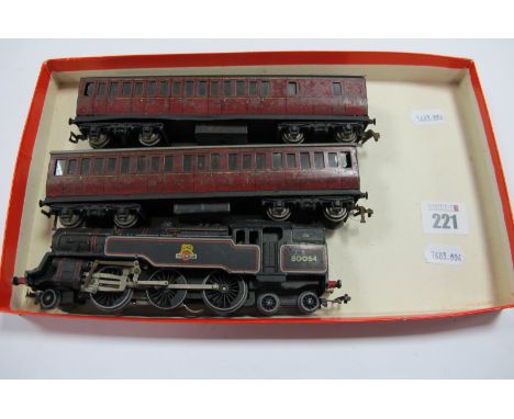 A Hornby Dublo Three Rail 2-6-4 Standard Tank, R/No.80054. Plus two Suburban coaches, playworn.