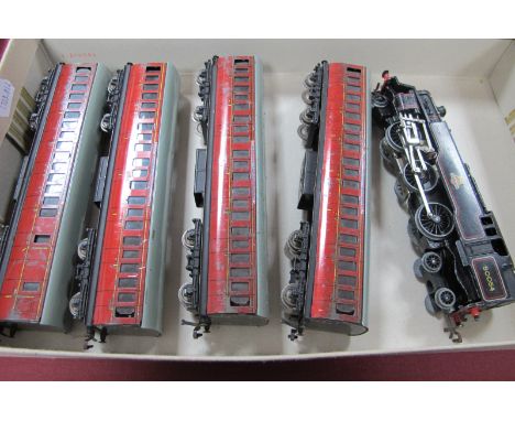 A Hornby Dublo 3 Rail 2-6-4 'Standard' Tank, R/No 80054, plus four Surburban coaches, all playworn.