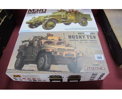 Two 1:35th Scale plastic Model Military Vehicle Kits, to include Tamiya M3A1 Scout Car Meng British Army Husky TSV, parts in 