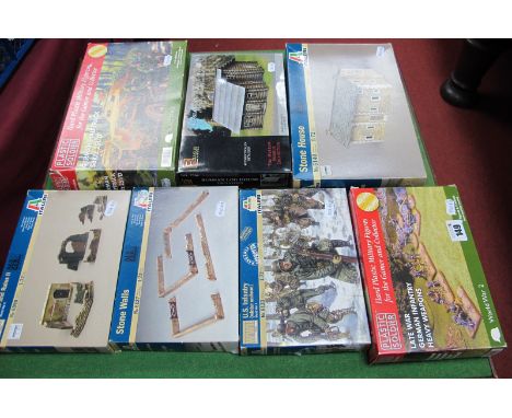 Seven 1:72nd Scale Plastic Kits and Figures, by Italeri among others, all WWII theme, all appear unstarted and boxed, uncheck