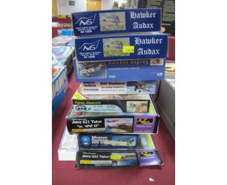 Nine 1:72nd Scale Plastic Model Military Aircraft Kits, by Avis, MPM, Hobby Boss and other,all with WWII themed aircraft, inc