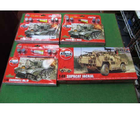 Four Airfix Armoured Vehicle Plastic Model Kits, including 1:48th Scale Supacat Jackal, 1:76th Scale, all in unopened origina