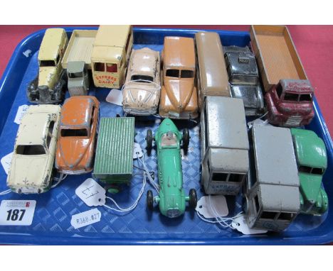 A Selection of 1950's Dinky Vehicles, both cars and commercials, including two tone Vauxhall Cresta and Green Riley, all play