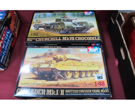 Two Tamiya 1:48th Scale Plastic Model Tank Kits, including British Tank Churchill MK.VII Crocodile Crusader MKI/II, parts in 