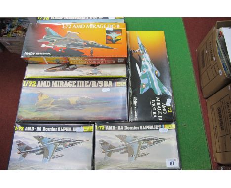 Seven 1:72nd Scale Plastic Model Military Aircraft Kits, by Heller/Humbrol, all jets, including  Mirage FIL/B, AMD-BA Dornier