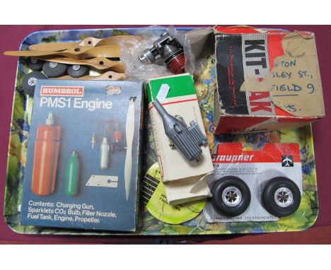 A Quantity of RC Aero Modellers Parts and Accessories, including Amco RC Model Aero Engine, wooden propellors, Humbrol PMS1 E