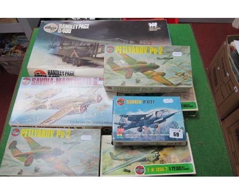 Seven Airfix 1:72nd Scale Plastic Model Military Aircraft Kits, including Handley Page, Savoia - Marchetti S.M.79, Petlyakov 