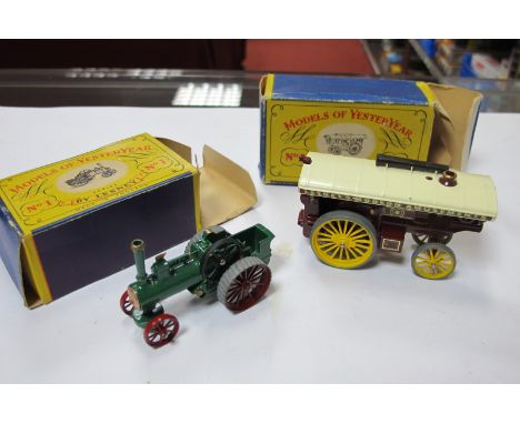 Two Early Matchbox Yesteryear,  No.9 Fowler Showmans Engine and No.1 Traction Engines, both very good , boxed, crushing/rubbi