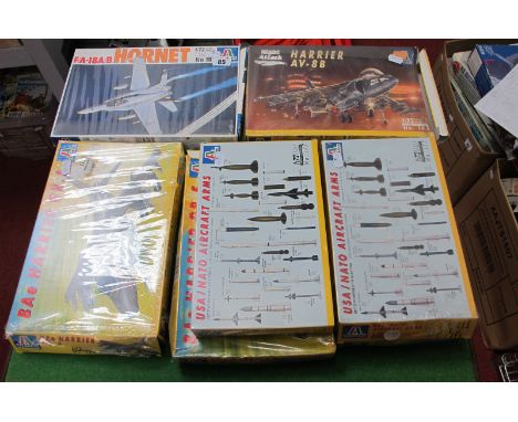 Seven 1:72nd Scale Plastic Model Military Aircraft and Missile Kits, by Italeri, including BAE Harrier GR5, kits appear unsta