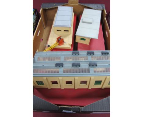 Three x Two Rail Hornby Dublo Plastic Buildings, No. 5020 Goods Depot, No. 5085 Suburban Station, No. 5005 Engine Shed Parts,