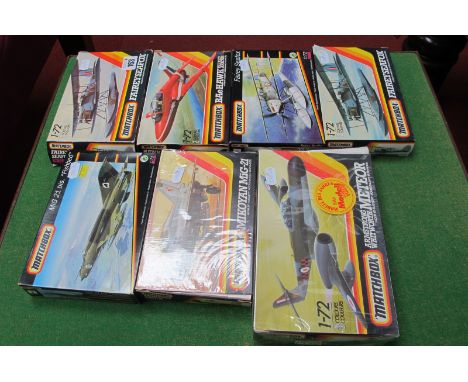 Seven 1:72nd Scale Plastic Model Military Aircraft Kits, by Matchbox, including Fairey Seafox, kits appear unstarted, uncheck