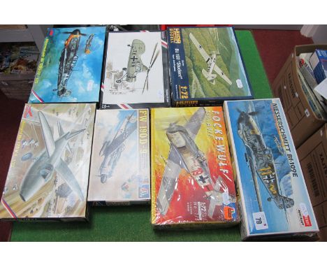 Seven 1:72nd Scale Plastic Model Military Aircraft Kits, by Academy, Italeri, MPM and other, mainly German WWII Aircraft, inc