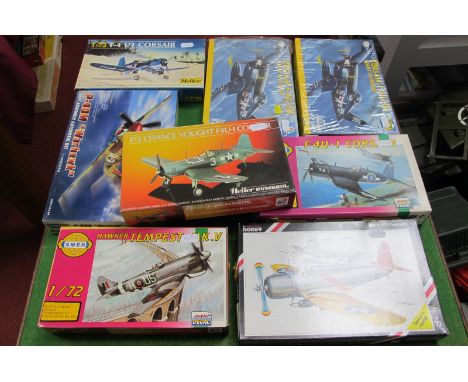 Eight 1:72nd Scale Plastic Model Military Aircraft Kits, mostly American WWII Aircraft, including Corsair F-4U/5N Night Intru