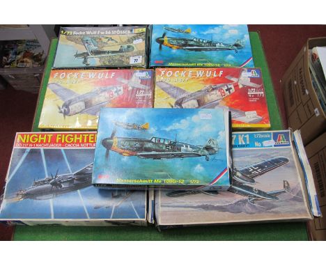 Seven 1:72nd Scale Plastic Model Military Aircraft Kits, by MPM, Italeri, Heller, all German WWII Military Aircraft, includin