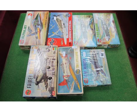 Seven Airfix 1:72nd Scale Plastic Model Military Aircraft Kits, including Alpha Jet P-51B Mustang, kits appear unstarted, unc