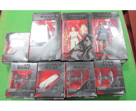 Eight Modern Star Wars (Circa 2015) Black/Titanium Series Plastic Model Figures and Space Vehicles, by Hasbro, to include Rey