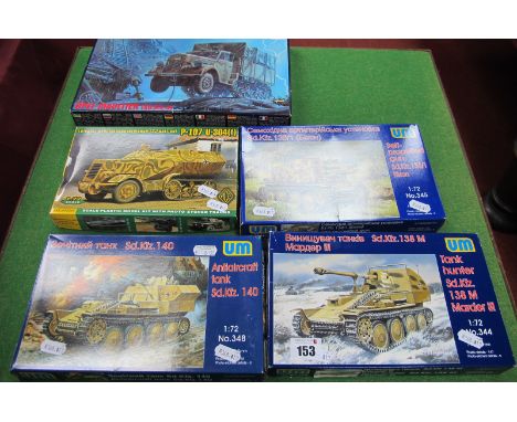 Five 1:72nd Scale Plastic Kits, by UM and others, all WWII German Military Vehicles, all boxed and appear unstarted, unchecke