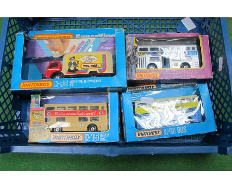 Four Matchbox Diecast Commercial Vehicles, including K-88 Superkings Money Box, K-15 Telegram and Argus Bus KRW-15, The Royal