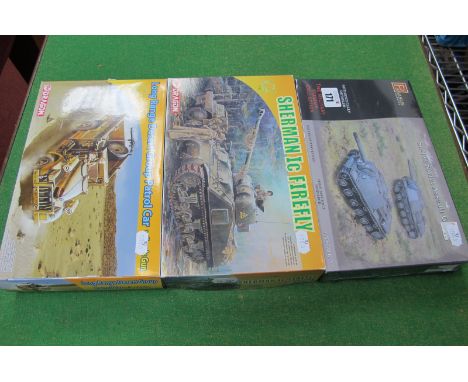 Three 1:72nd Scale Plastic Model Armoured Vehicle Kits, to include Dragon Long Range Desert Group Patrol Car W/Lewis Gun Drag