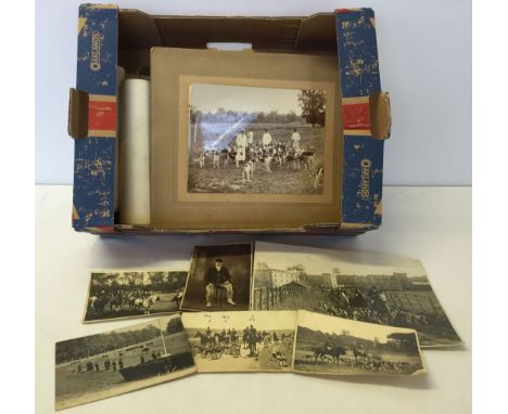 A box of vintage photographs & postcards to include military & fox hunting.
