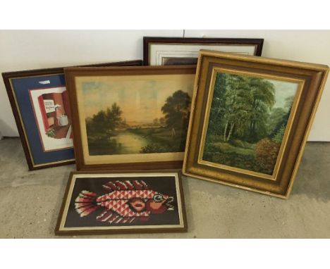 5 pictures including: Prints, an oil on board & a tapestry of a fish.