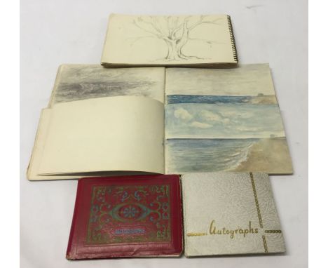 3 small sketch pads containing pencil sketches and watercolours together with 2 autograph books c1950s/60s